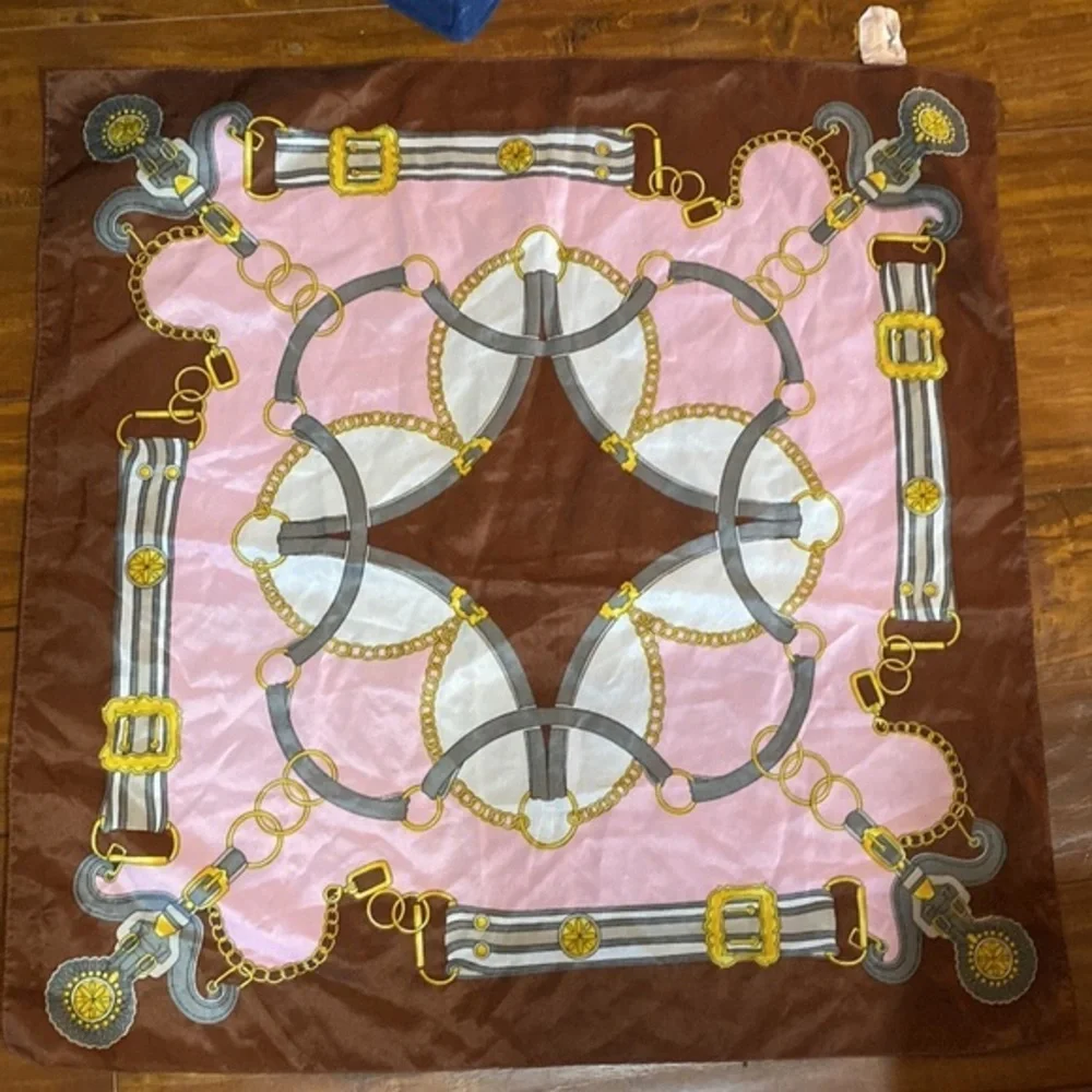Made in Italy Pink Brown Horse Bit Bridle Equestrian Square Scarf Polyester
